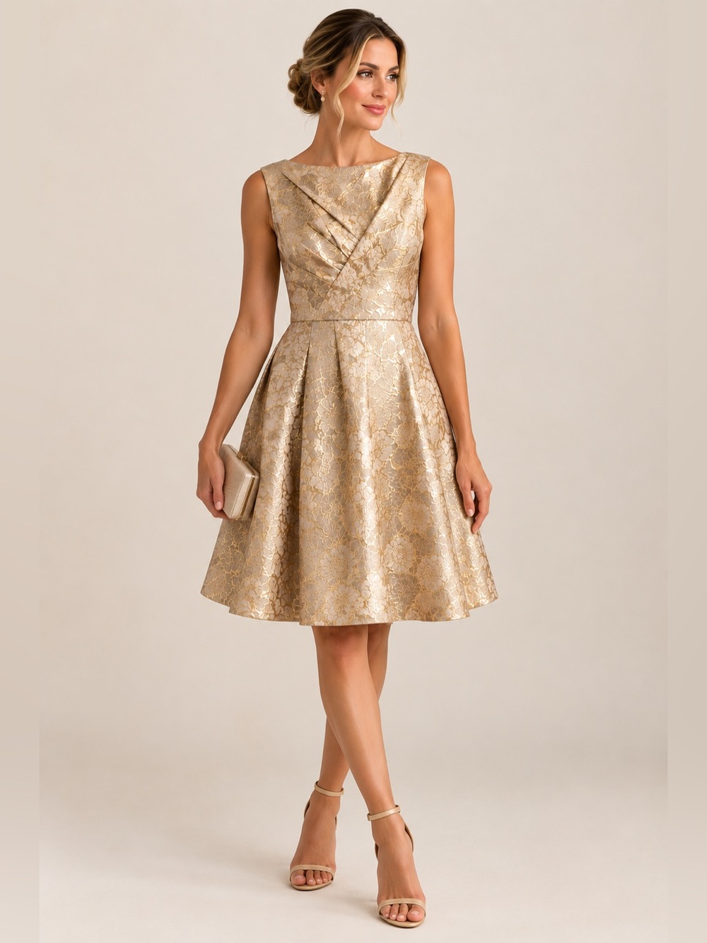 NWT Kay Unger Gold Metallic Floral Brocade Midi Cocktail Dress Size 10